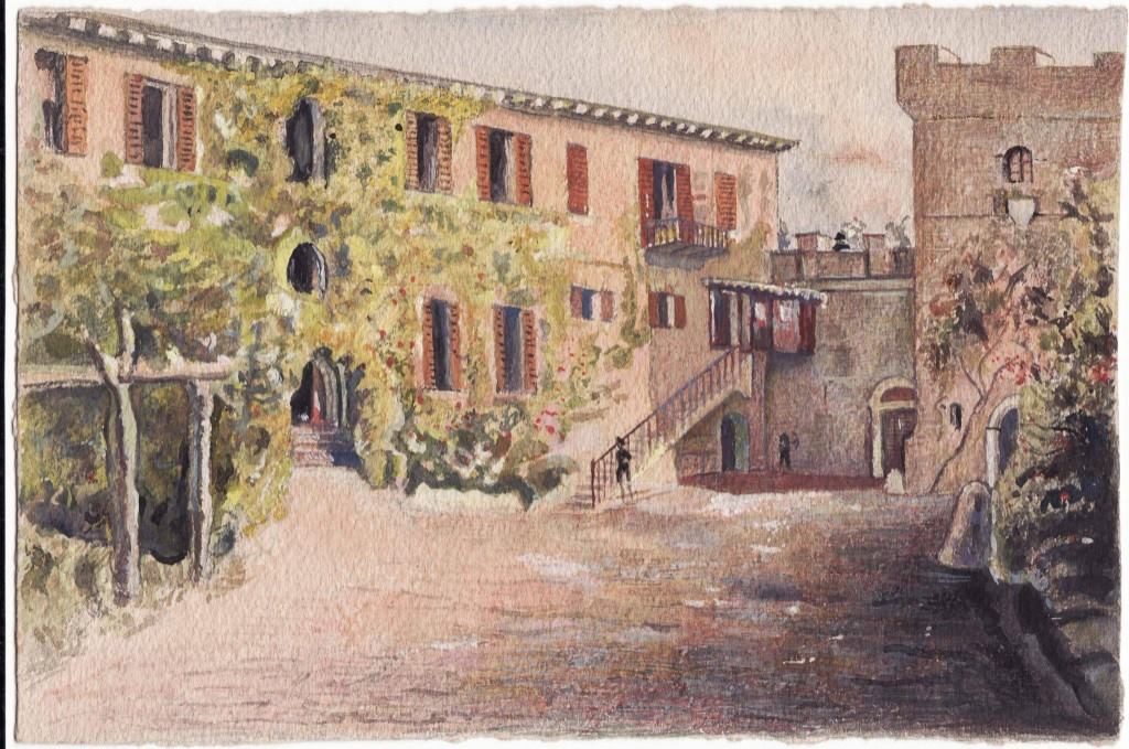 La corte e la torre in un acquerello della villa.